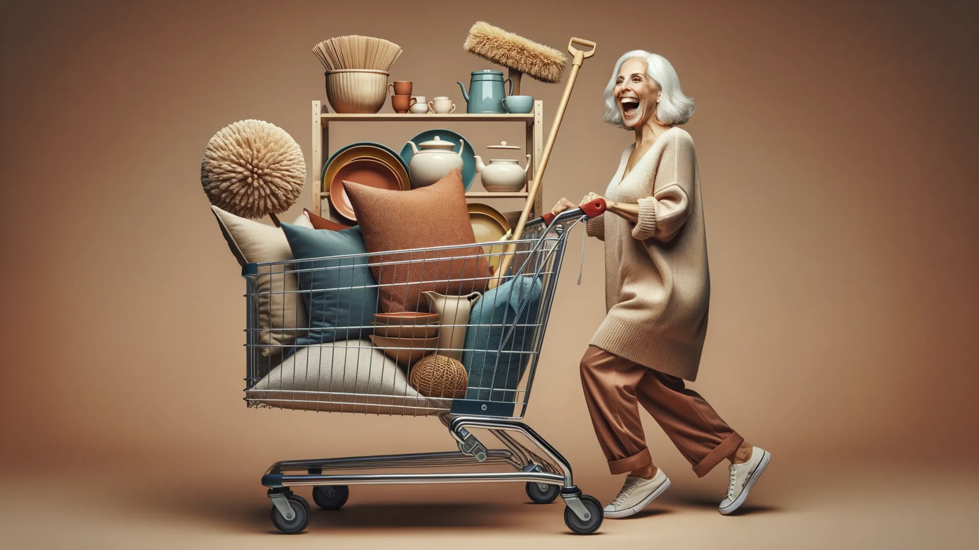 women pushing trolley filled with different household items for her new home